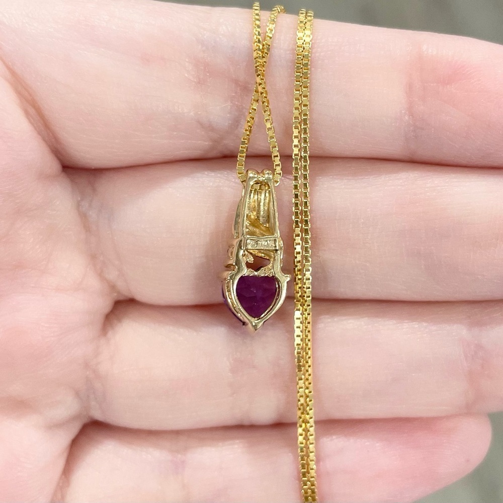 14K Amethyst heart cut dark purple genuine natural petite yellow gold pendant - Picture 8 of 9